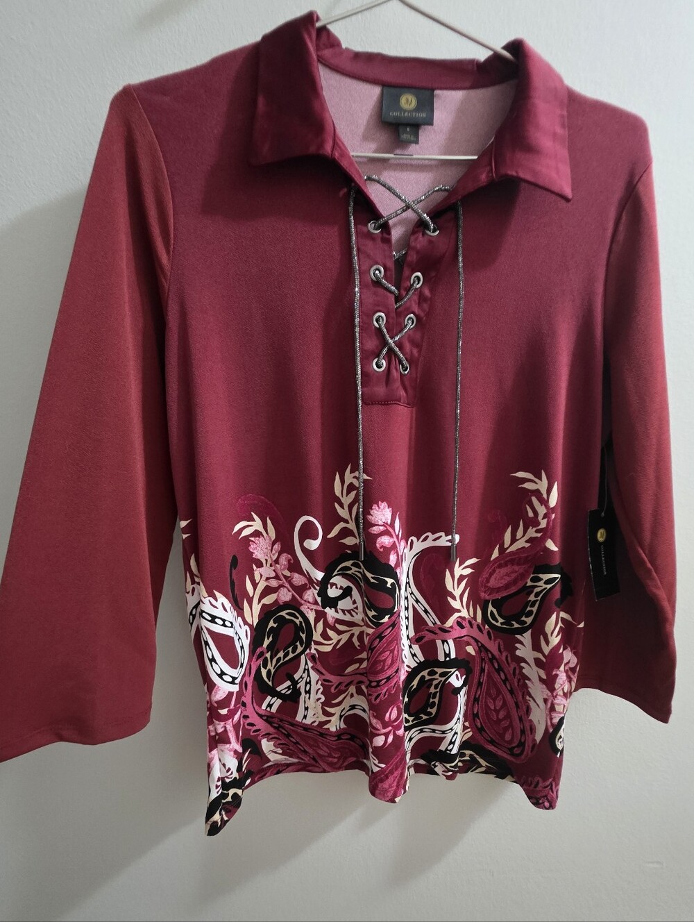 JM Collection Lace-Up Paisley Tunic in Burgundy - small